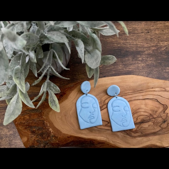 Handmade Abstract Woman’s Face Clay Earrings-Blue - Picture 2 of 11